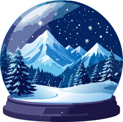 A beautiful snow globe containing a serene winter mountain landscape at night with falling snow and stars.