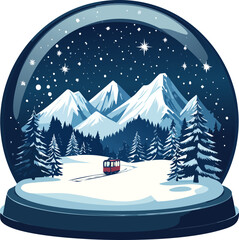 Snow globe illustration featuring snowy mountains, trees, a cable car, and a starry night sky.