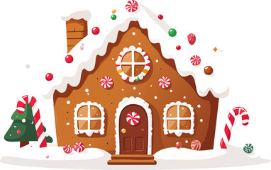 Gingerbread house decorated with candy and icing, festive holiday scene.