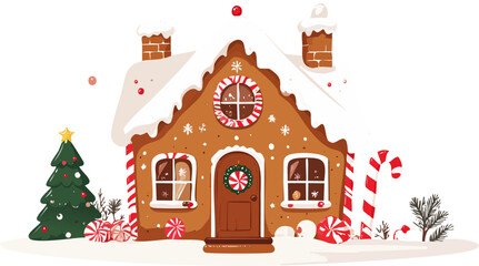 A charming gingerbread house decorated for Christmas with snow, candy canes, and a festive Christmas tree.