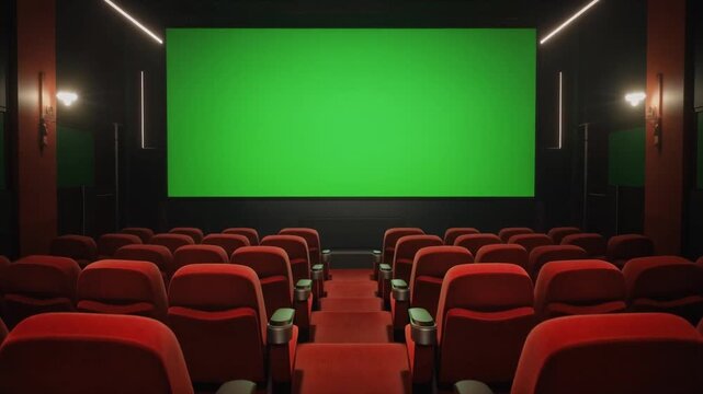 An empty modern movie theater with rows of plush red seats facing a large blank green screen, ready for a cinematic presentation.