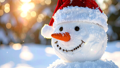 Close-up of a cheerful snowman wearing a red Santa hat, with a carrot nose and a smiling face, set against a snowy, sunlit winter background.