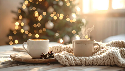 Two cups of hot beverage on a wooden tray with a knitted blanket, set against a blurred Christmas tree background.