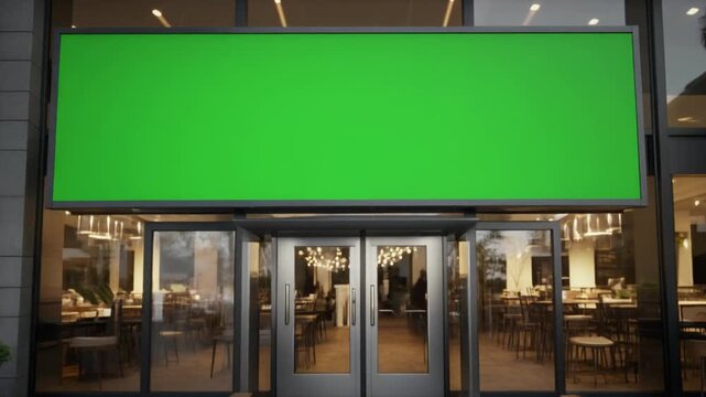 Exterior view of a modern commercial building with a large green screen billboard above its glass entrance, ready for custom advertising.