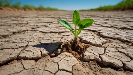 Green Plant Growing from Cracked Dry Soil as a Symbol of Hope and Resilience