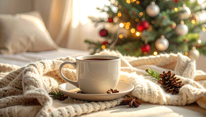 A warm cup of coffee rests on a cozy blanket near a decorated Christmas tree.
