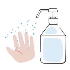 手指用アルコールスプレーのボトルと霧状の消毒液がかかる手のイラスト