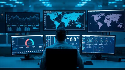 Cybersecurity analyst in dark control room with glowing monitors