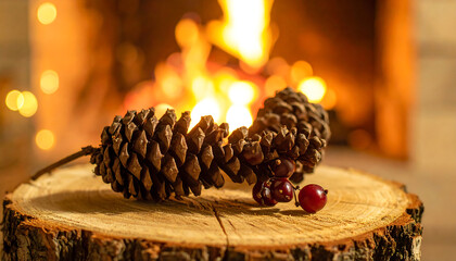 Two pine cones and a red berry rest on a wooden surface in front of a warm fireplace.