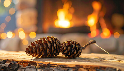 Two pine cones rest on a wooden surface in front of a warm, glowing fireplace.