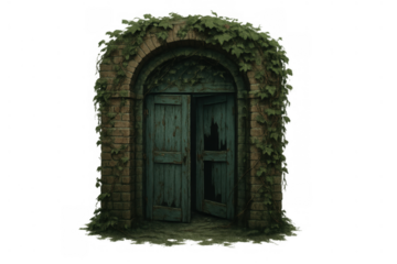 Old stone archway with broken wooden doors and lush ivy, creating a mysterious abandoned entrance on transparent background
