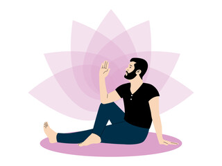 Young man practicing yoga seated twist. Meditation vector illustration. Flat illustration concept.