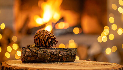 A pinecone rests on a log slice, with a warm, blurred fireplace and bokeh lights in the background, creating a cozy, festive ambiance.
