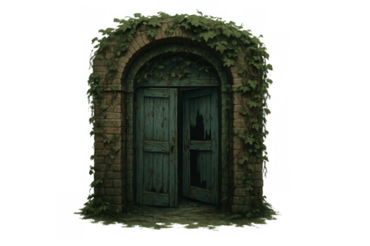 Old stone archway with broken wooden doors and lush ivy, creating a mysterious abandoned entrance on transparent background