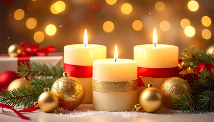 Three lit candles adorned with ribbons, surrounded by Christmas ornaments, pine branches, and a gift, creating a warm, festive holiday scene.