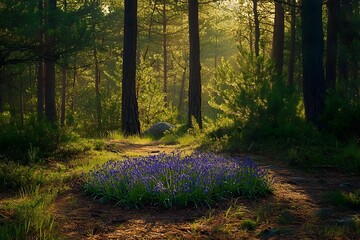 A patch of bluebells growing in a dense pine forest during early morning 
