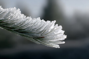 winter frost elegance, close-up of sunlight reflecting off frost-covered pine needles, capturing intricate winter detail in nature
