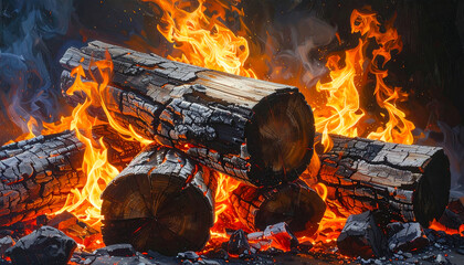 Burning logs with vibrant flames, creating a warm, cozy, and inviting scene of fire.