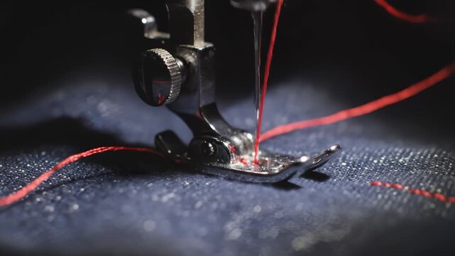 Sewing Blue Denim Fabric With Red Thread on a Sewing Machine, Close Up
