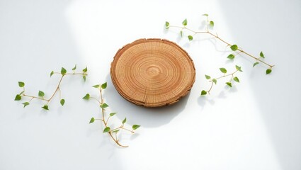 Round textured natural wood slice with delicate greenery and sunlight shadows