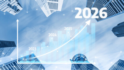 A visual representation of business growth with a rising graph overlaying a modern city skyline,...