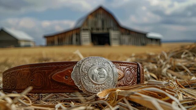 Ornate leather belt with metal buckle on hay in front of rustic barns