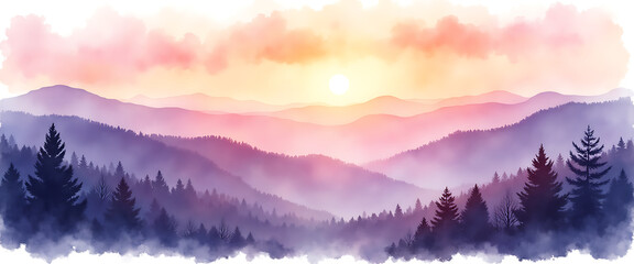Obraz premium Sunrise or sunset over misty mountain range with pine forest landscape