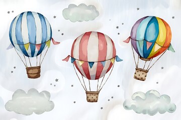 Watercolor hot air balloons illustration. Cute hand painted set with striped balloons, clouds and stars, perfect for nursery decor, baby shower invitations, kids posters and party design.