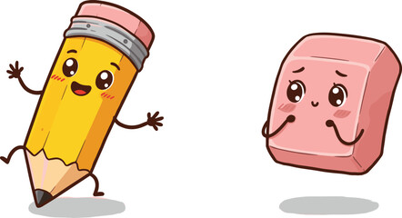 Cute cartoon pencil and eraser characters, smiling school supplies, educational illustration, kawaii style, isolated white background, kids learning tools