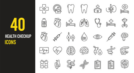 Collection of 40 health checkup icons in line style, representing various medical concepts