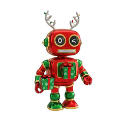 Festive christmas robot with reindeer antlers holding gifts on white background