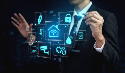 Concept of a smart home and the Internet of Things (IoT). A central system controls home automation...