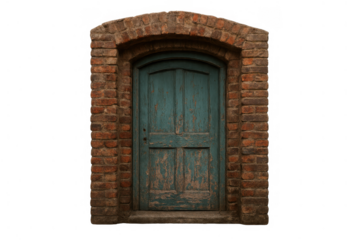 Rustic teal wooden door showing peeling paint and aged texture, set within a red brick archway, on a transparent background