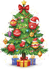 Christmas tree with emoji ornaments, festive lights, Santa decorations, holiday gifts, colorful baubles, candy cane, stocking, golden star, celebration