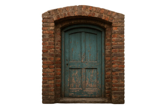 Rustic teal wooden door showing peeling paint and aged texture, set within a red brick archway, on a transparent background