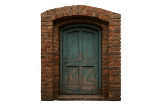 Rustic teal wooden door showing peeling paint and aged texture, set within a red brick archway, on a transparent background - Powered by Adobe