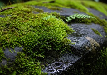 Green Moss Growing on Wet Stone in Tropical Forest