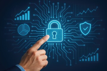 Digital security with a finger touching a glowing padlock icon, cyber protection, data safety, and secure access.