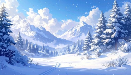 Fototapeta premium 雪景色の山のイラスト AI生成素材
