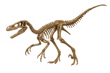 Dinosaur skeleton velociraptor fossil bones, an extinct predator from the prehistoric era, on transparent background