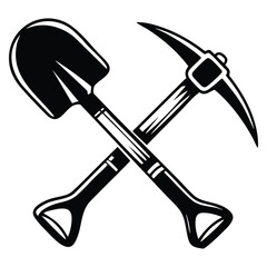 Vector illustration of crossed shovel and pickaxe glyph icon silhouette symbol depicting mining digging tool construction or excavation isolated design creative artwork