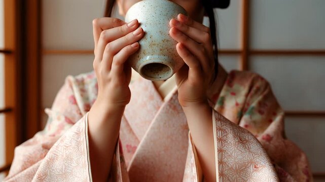 女性が着物の袖で白いマグを包む