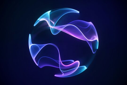 Abstract 3d sphere of purple and blue neon gradient particle waves. Artificial Intelligence concept, virtual assistant, future technology, innovations. Vibrant energy sphere, glowing 3d orb.