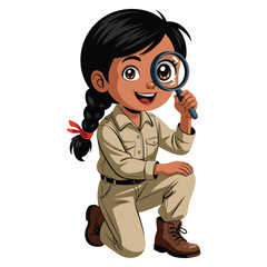 Vector illustration of girl with magnifying glass isolated on white background ideal for detective adventure exploration or learning themed creative designs