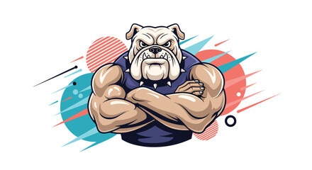 Fierce and muscular cartoon bulldog with crossed arms, wearing a spiked collar and a dark shirt, standing against a dynamic abstract background.
