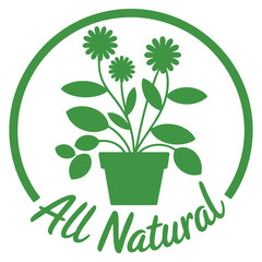Vector illustration of green all natural label on white background ideal for organic food, healthy products, eco packaging and sustainable design themes