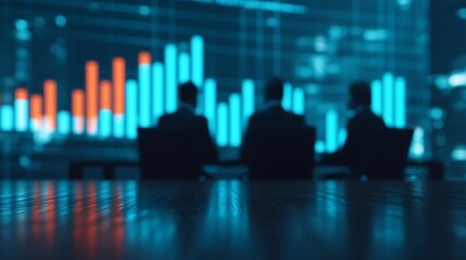 A silhouette of three professionals analyzing digital data on a screen, with vibrant blue and orange graphs highlighting trends and statistics.