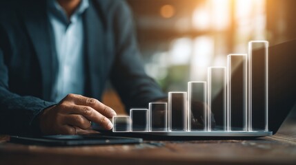 Person using a laptop with a rising bar graph overlayed showing financial growth