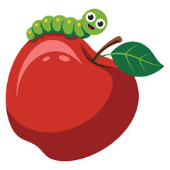 Vector illustration of little caterpillar crawling on red apple isolated on white background ideal for cute insect character educational cartoon artwork