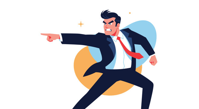An assertive businessman in a suit with a fierce expression points forward, symbolizing command, direction, and a strong call to action.